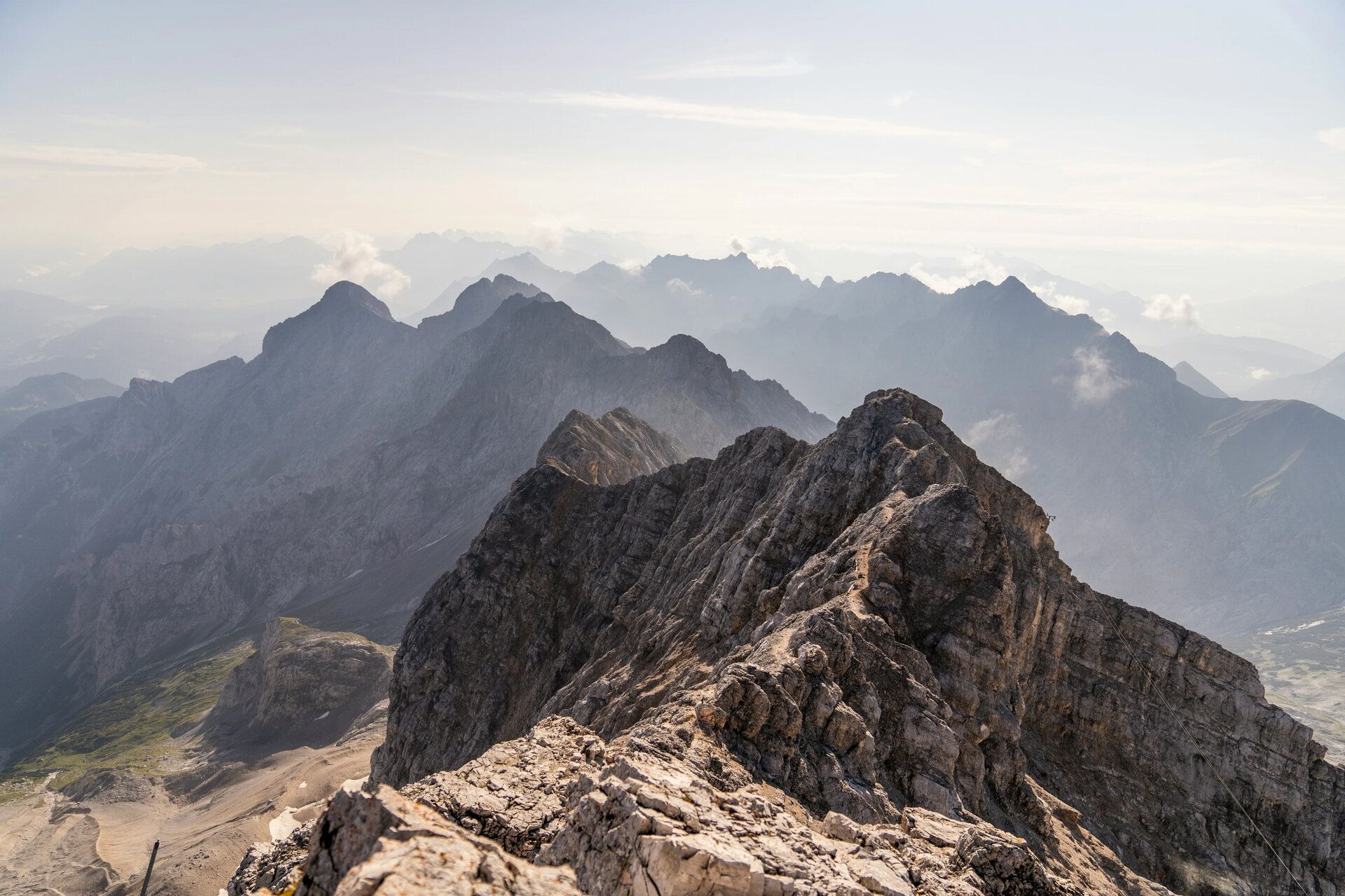 View from the summit of the Zugspitze on the Jubiläumsgrat.
