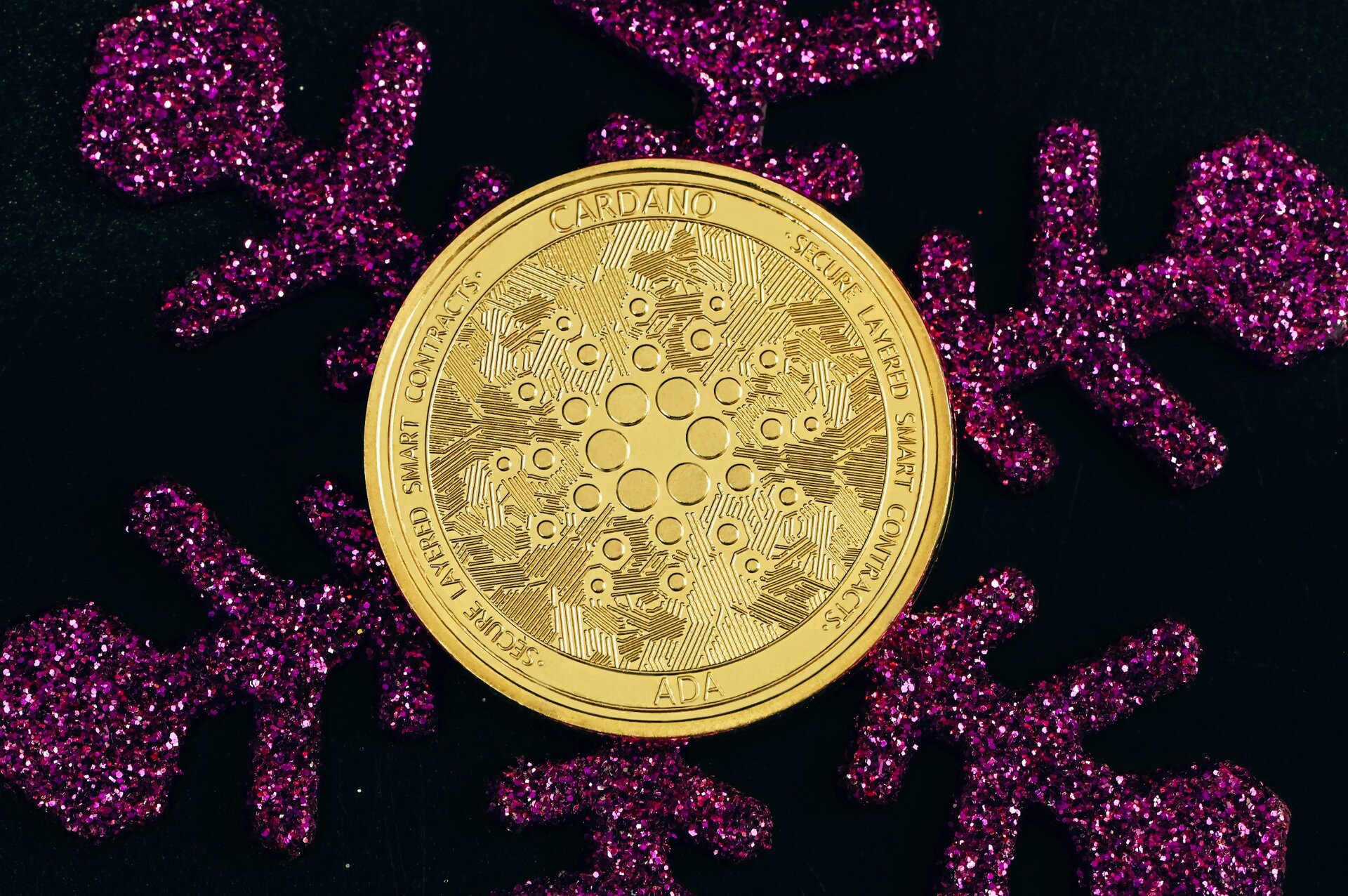 An ADA coin placed on a purple glitter snowflake