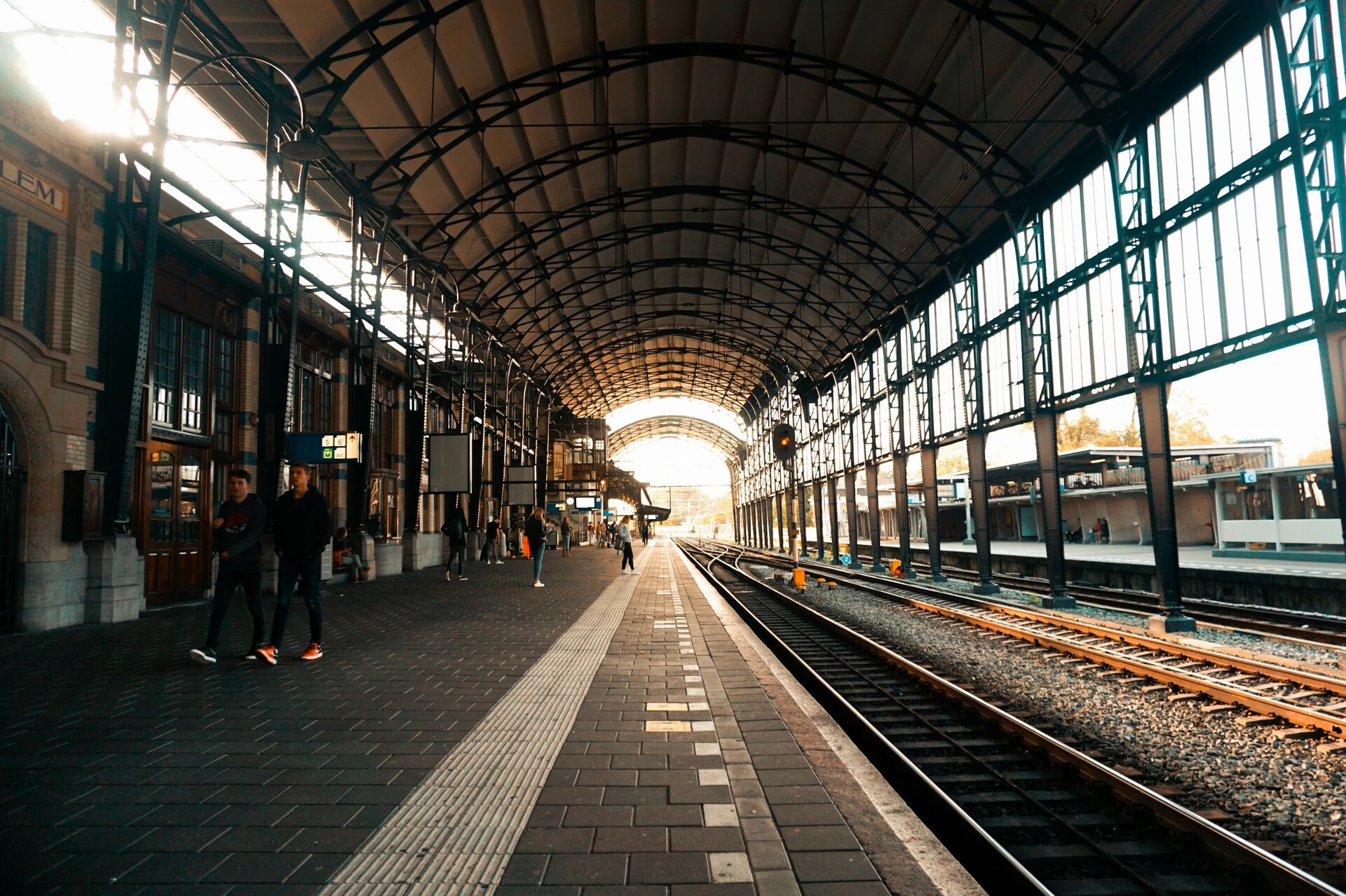 Beautiful sunset in station Haarlem, The Netherlands.
